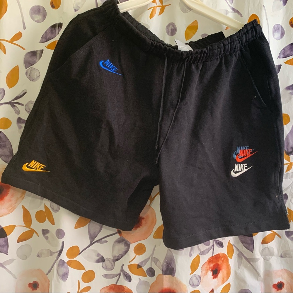 Nike Black Athletic Shorts with Multicolor Logo Patches Sz L